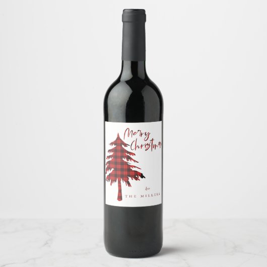 Schattigee minimalistische rode geruite kerstboom wijn etiket (Voorkant)