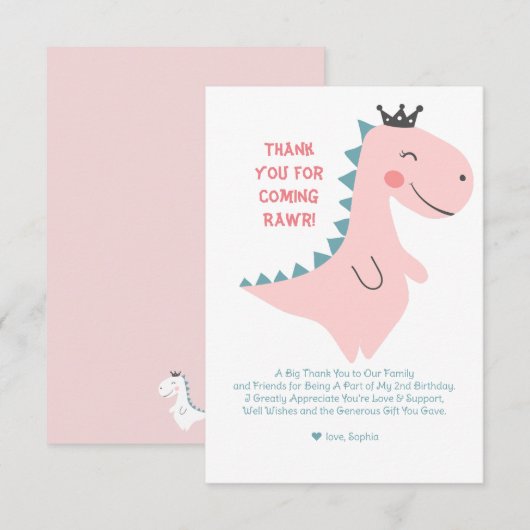 Schattigee minimalistische roze meisje dinosaurus  bedankkaart (Voorkant / Achterkant)