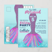 Schattigee Mint Blauw Roze Zeemeermin Staart Glitt Uitnodiging Briefkaart (Voorkant / Achterkant)