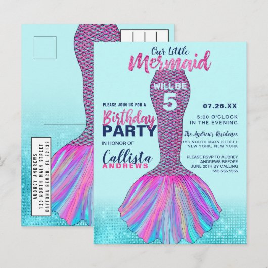 Schattigee Mint Blauw Roze Zeemeermin Staart Glitt Uitnodiging Briefkaart (Voorkant / Achterkant)