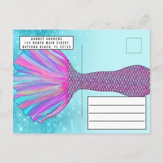 Schattigee Mint Blauw Roze Zeemeermin Staart Glitt Uitnodiging Briefkaart (Achterkant)