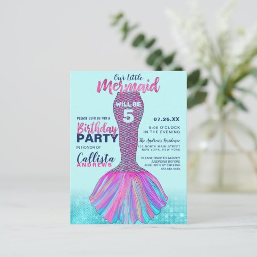 Schattigee Mint Blauw Roze Zeemeermin Staart Glitt Uitnodiging Briefkaart (Staand voorkant)