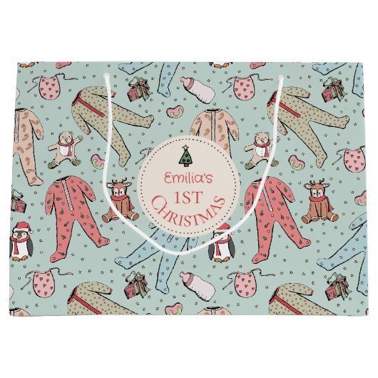 Schattigee Mint Green Baby's eerste kerstgewoonte Groot Cadeauzakje (Voorkant)