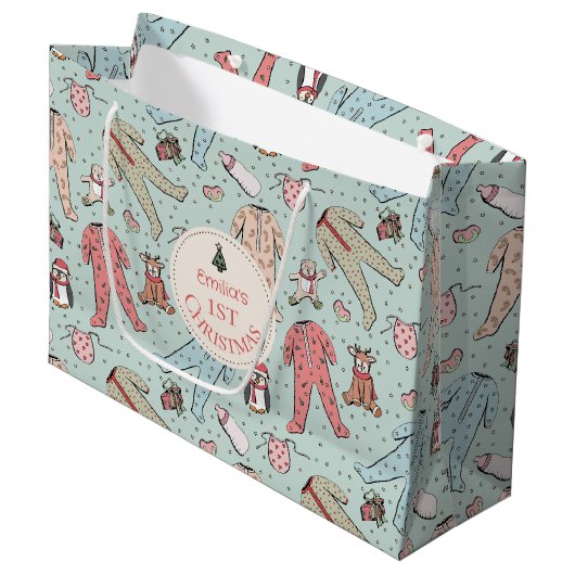 Schattigee Mint Green Baby's eerste kerstgewoonte Groot Cadeauzakje (Voorkant Gekanteld)