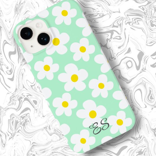 Schattigee mint groene retro madeliefjes op girly Case-Mate iPhone case