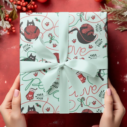 Schattigee Mint Kerstvrede en Love Yarn Katten Cadeaupapier