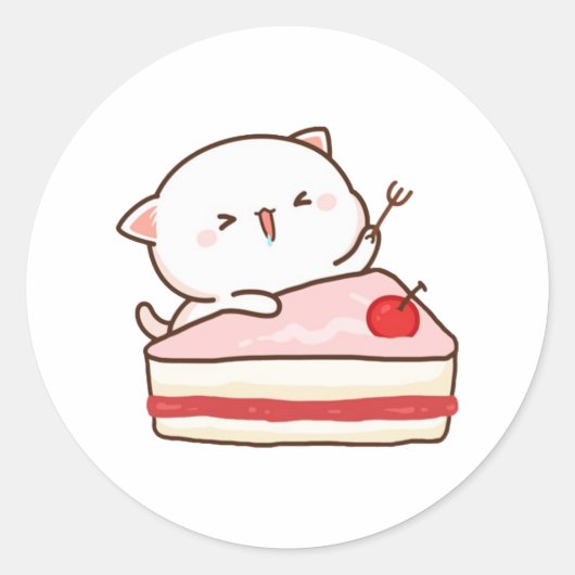 Schattigee Mochi Perzik Kat Loves Cake Ronde Sticker (Voorkant)