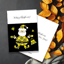 Schattigee Mode Yellow Tartan Santa met portemonne Feestdagenkaart