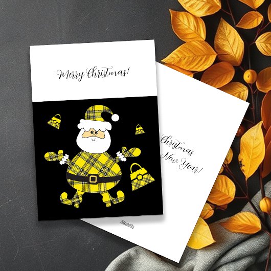 Schattigee Mode Yellow Tartan Santa met portemonne Feestdagenkaart
