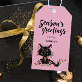 Schattigee Modern Roze en Zwarte Kerstkat Cadeaulabel