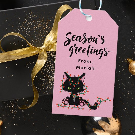 Schattigee Modern Roze en Zwarte Kerstkat Cadeaulabel