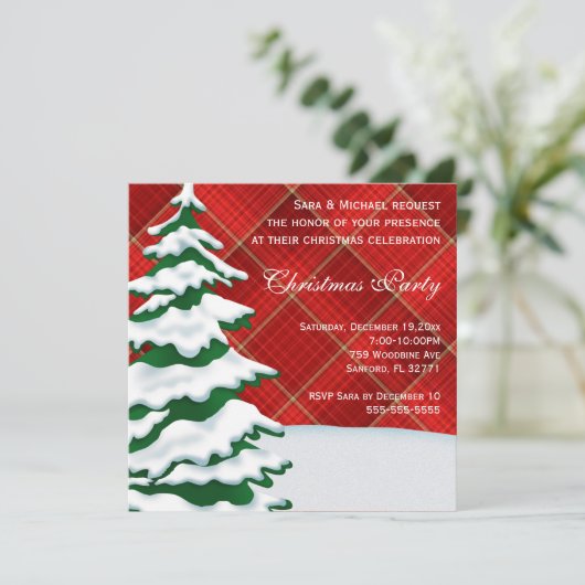 Schattigee moderne besneeuwde kerstboomfeestuitnod kaart (Staand voorkant)