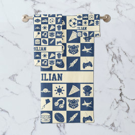 Schattigee moderne blauw geruite iconen Patroon Bo Bad Handdoek