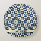 Schattigee moderne blauw geruite iconen Patroon Bo Rond Kussen (Voorkant)