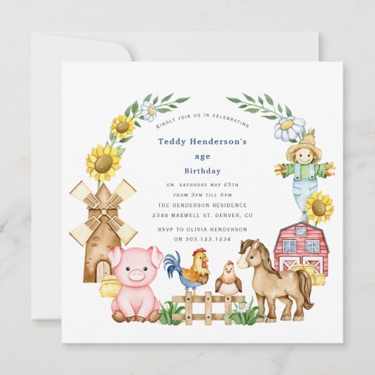 Schattigee moderne boerenerf kinderen verjaardag kaart (Voorkant)