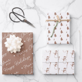 Schattigee moderne bruine sneeuwman kerstbomen inpakpapier vel