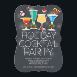 Schattigee moderne Chalkboard Holiday Cocktail Par Kaart<br><div class="desc">Die-Cut Holiday-feestuitnodiging met hedendaags zwart krijtbord met kerstcocktails versierd met een sneeuwpop,  snoepriet,  kerstmuts en groene hulst met rode bessen.</div>