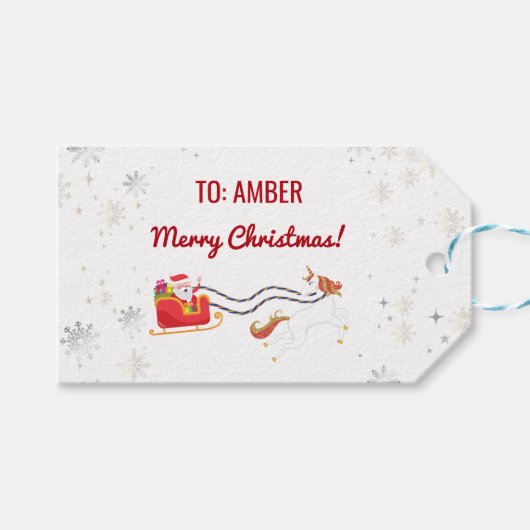 Schattigee Moderne Eenhoorn Santa Gepersonaliseerd Cadeaulabel (Voorkant (Horizontaal))