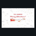 Schattigee Moderne Eenhoorn Santa Gepersonaliseerd Rechthoekige Sticker<br><div class="desc">Schattigee, meisjesachtige maar ook elegante kerstcadeau sticker voor kinderen met een afbeelding van een magisch, glam eenhoornpaard met een rode en gouden glitter manen en staart trekken Santa's slee (vol met geschenken), de begroeting "Merry Christmas!" in cursief script / kalligrafie, en een aangepaste naam. Het ontwerp bevat zilveren en gebroken...</div>