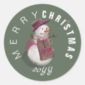 Schattigee moderne groene vrolijke kerst sneeuwvro ronde sticker (Voorkant)