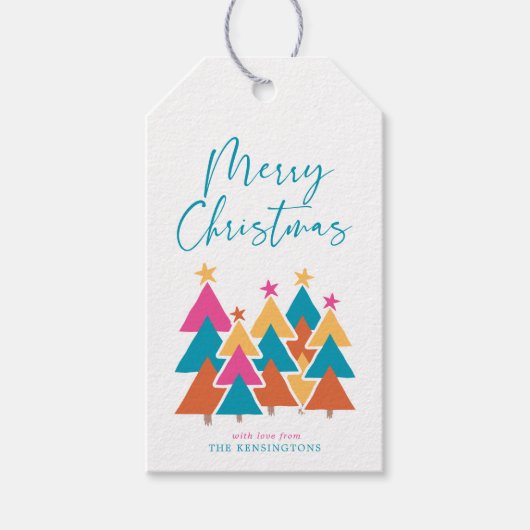 Schattigee moderne kleurrijke kerstbomen cadeaulabel (Voorkant)