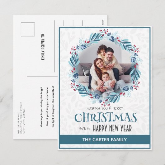 Schattigee Moderne Mistletoe Blauwe Kerstkrans Fot Feestdagenkaart (Voorkant / Achterkant)