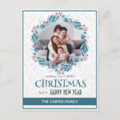 Schattigee Moderne Mistletoe Blauwe Kerstkrans Fot Feestdagenkaart (Voorkant)