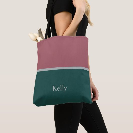 Schattigee moderne monogram naam groen rood elegan tote bag (Dichtbij)