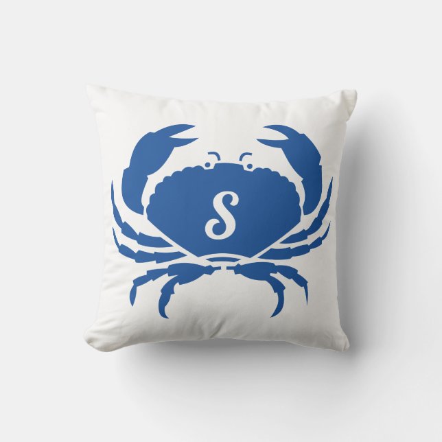 Schattigee moderne nautische blauwe krab monogram buitenkussen (Voorkant)
