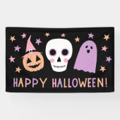 Schattigee Moderne Pastel Schedel Ghost Happy Hall Spandoek (Horizontaal)