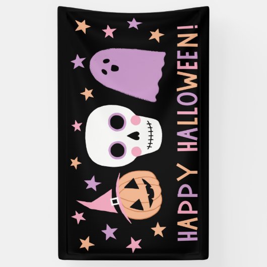 Schattigee Moderne Pastel Schedel Ghost Happy Hall Spandoek (Verticaal)
