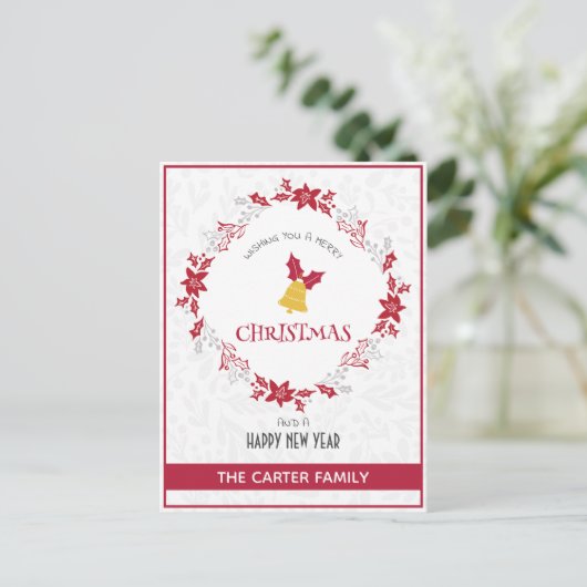Schattigee moderne Poinsettia rode kerstkrans Feestdagenkaart (Staand voorkant)