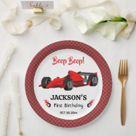 Schattigee moderne rode raceauto 1e verjaardagsfee papieren bordje