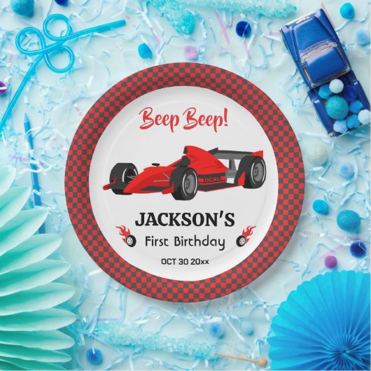 Schattigee moderne rode raceauto 1e verjaardagsfee papieren bordje (Feest)