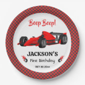 Schattigee moderne rode raceauto 1e verjaardagsfee papieren bordje (Voorkant)