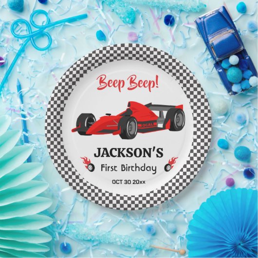 Schattigee moderne rode raceauto 1e verjaardagsfee papieren bordje (Feest)