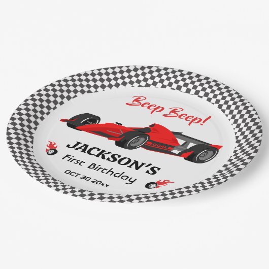 Schattigee moderne rode raceauto 1e verjaardagsfee papieren bordje (Gekanteld)