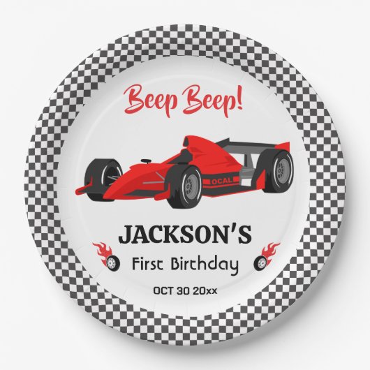 Schattigee moderne rode raceauto 1e verjaardagsfee papieren bordje (Voorkant)