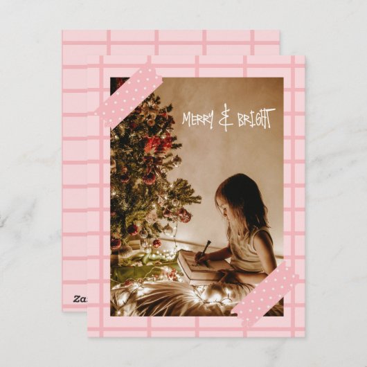 Schattigee moderne roze vrolijke en heldere kerstf feestdagenkaart (Voorkant / Achterkant)