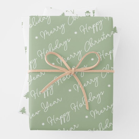 Schattigee Moderne Sage Groene Sneeuwman Kerstbome Inpakpapier Vel (In situ)