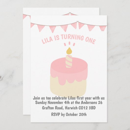 Schattigee, moderne verjaardagstaart uitnodiging (Voorkant / Achterkant)