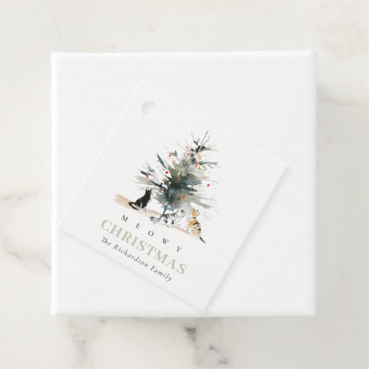 Schattigee moderne Waterverf Meowy kerstboomkatten Bedankjes Labels (In situ)