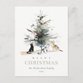 Schattigee moderne Waterverf Meowy kerstboomkatten Feestdagenkaart