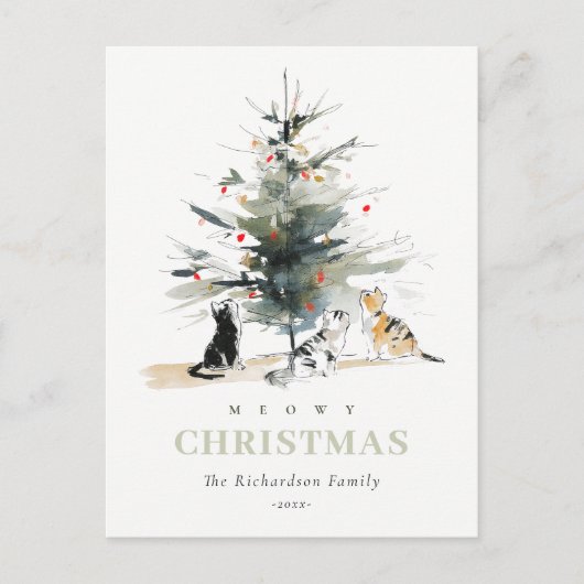 Schattigee moderne Waterverf Meowy kerstboomkatten Feestdagenkaart (Voorkant)