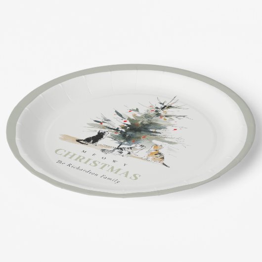 Schattigee moderne Waterverf Meowy kerstboomkatten Papieren Bordje (Gekanteld)