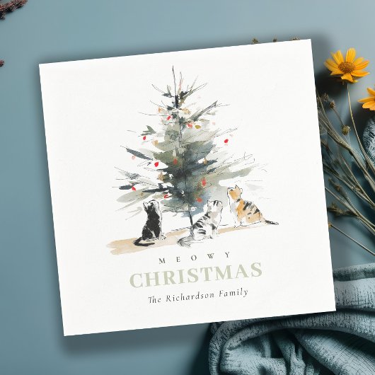 Schattigee moderne Waterverf Meowy kerstboomkatten Servet