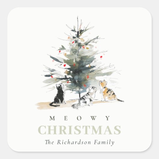 Schattigee moderne Waterverf Meowy kerstboomkatten Vierkante Sticker (Voorkant)