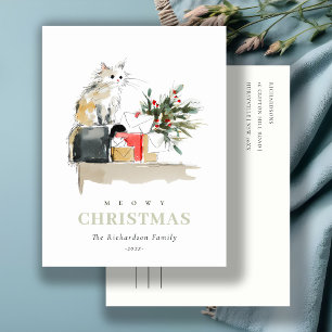 Schattigee Moderne Waterverf Meowy Kerstcadeau Cat Feestdagenkaart
