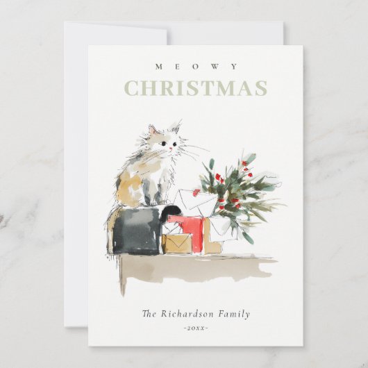 Schattigee Moderne Waterverf Meowy Kerstcadeaus Ka Feestdagenkaart (Voorkant)