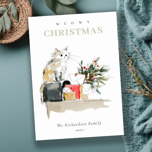 Schattigee Moderne Waterverf Meowy Kerstcadeaus Ka Feestdagenkaart